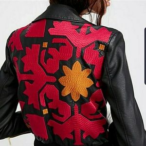 Free People Embroidered Vegan Leather Moto Jacket